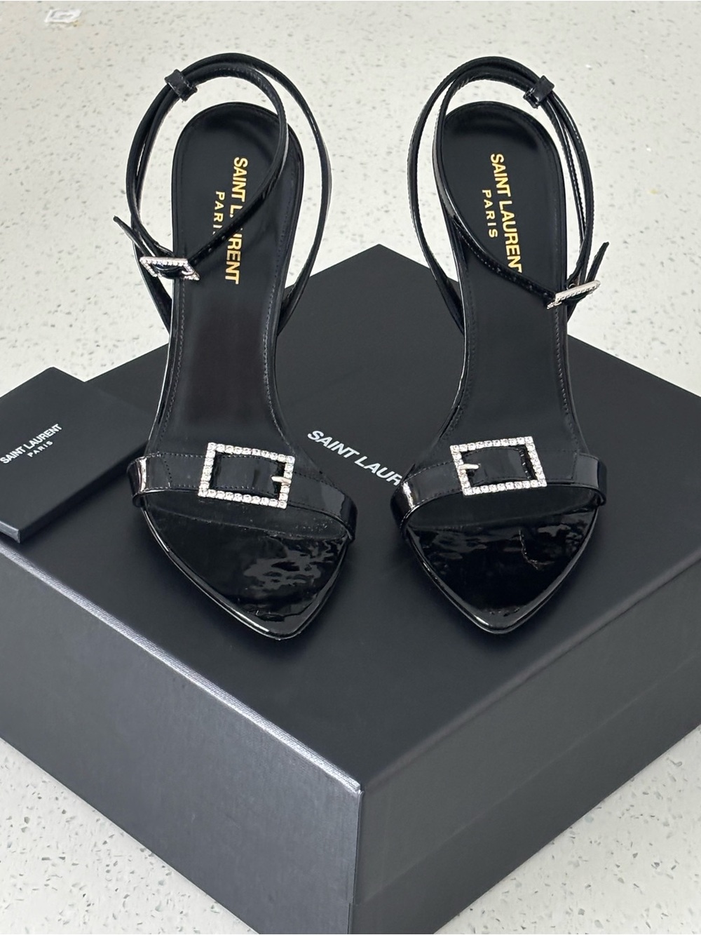 Saint Laurent Black Patent Slingback Heels with Crystal Buckles
